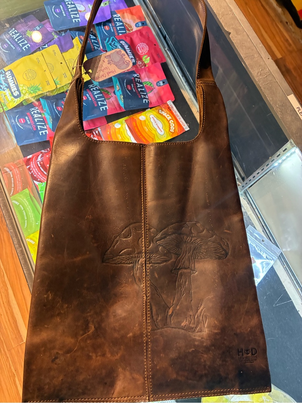 Brown Leather Tote Bag with Embossed Mushroom Design